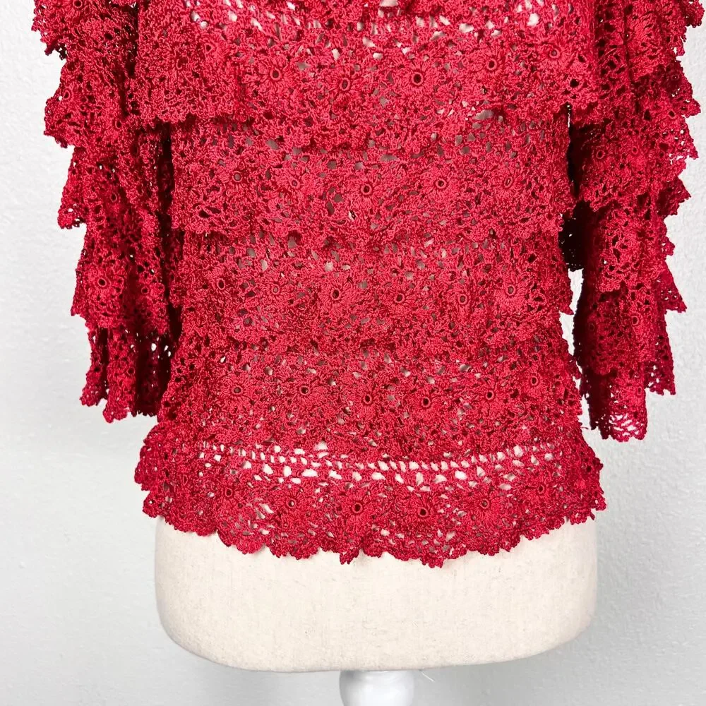 Anea A Red Crochet Lace Ruffle Sleeve Top S/M Boho Romantic Y2K Cottagecore - Picture 6 of 8